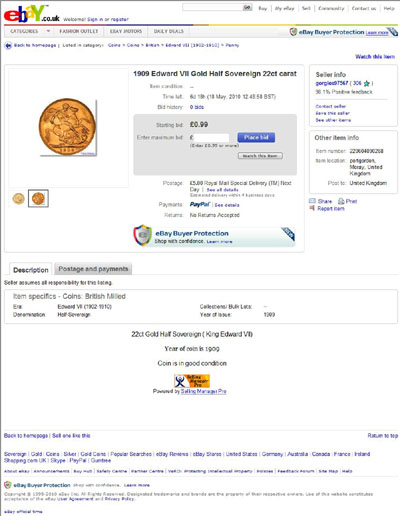 gorgies97567 eBay Listing Using our 1909 Edward VII London Mint Sovereign Reverse Photograph